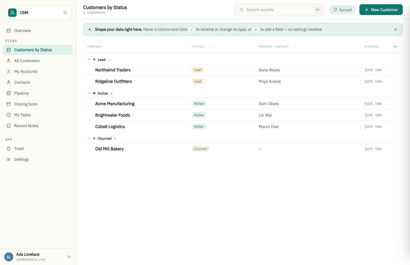 A customer list grouped by status — Lead, Active and Churned — with company, status, primary contact and last-updated columns.